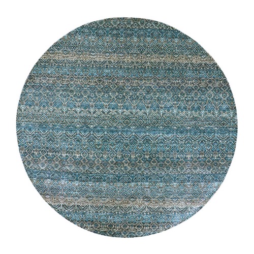 King Triton Blue, Soft and Shiny Wool, Soft to The Touch, Hand Knotted, Kohinoor Herat Pattern, Small Geometric Repetitive Diamond Design, Oriental Round Rug