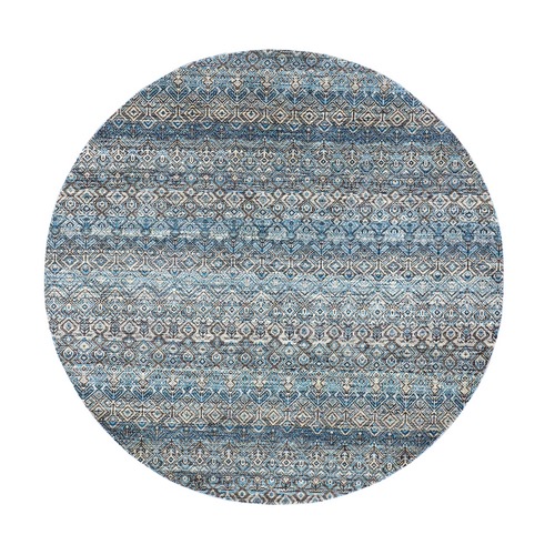 Ocean Blue, 100% Plush Wool, Hand Knotted, Kohinoor Herat Small Geometric Repetitive Design, Round Oriental Rug