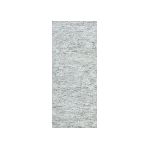 Silvermist Gray, Modern Undyed Velvety Wool, Hand Knotted With Grass Design, Tone on Tone, Runner Oriental Rug