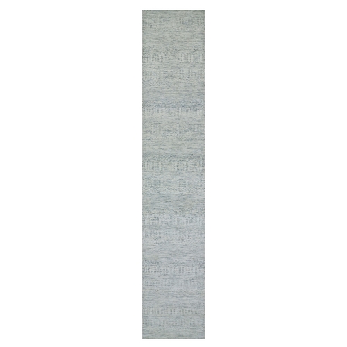 Owl Gray, Tone On Tone Hand Knotted Grass Design, Modern Shabby Chic Undyed Pure Shiny Wool, Oriental Runner Rug