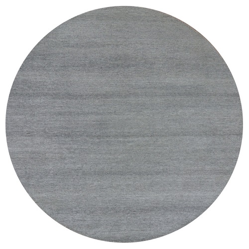 Shower Gray, Modern Undyed Shiny Soft Wool Grass Design, Tone on Tone, Hand Knotted, Round Oriental Rug