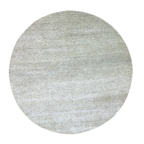 Ice Gray, Modern Grass Design, Pure Wool, Hand Knotted, Tone on Tone, Round Oriental Rug