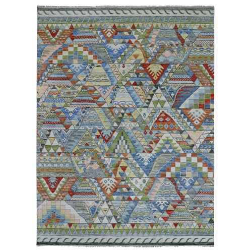 Imperial Blue, Colorful Arts and Crafts Bauhaus Inspired, Hand Knotted, 100% Wool, Oriental Rug