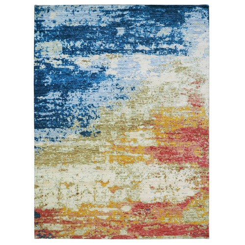 Chiffon Ivory, Colorful Modern Abstract Design, 100% Wool, Hand Knotted, Lush Pile, Oriental Rug