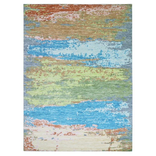 Coin Gray, Hand Knotted, Colorful Modern Abstract Design, Pure Wool, Thick and Plush, Oriental Rug