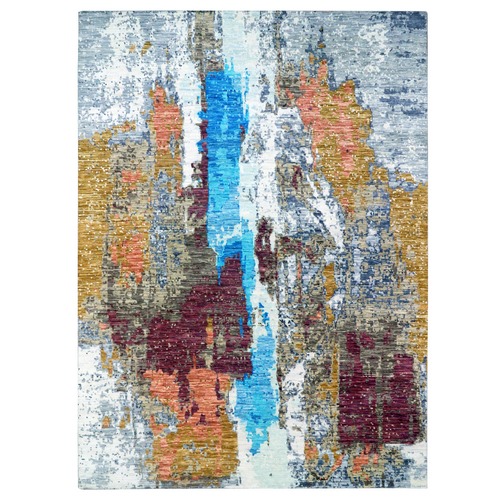 Misty Gray, Colorful Modern Abstract Design, 100% Wool, Hand Knotted, Soft to the Touch, Oriental Rug