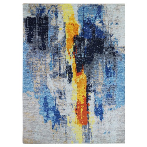 Cloud Gray, Colorful Modern Abstract Design, Hand Knotted, Natural Wool, Thick and Plush, Oriental Rug