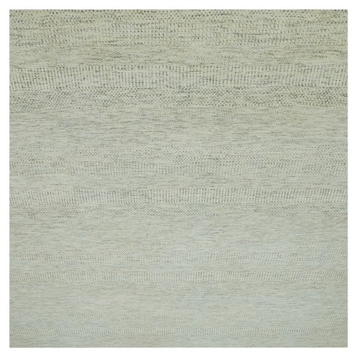 Eggnog White, Borderless Modern Grass Design, Hand Knotted Organic Sustainable Textile, Pure Wool, Tone on Tone, Square Oriental 