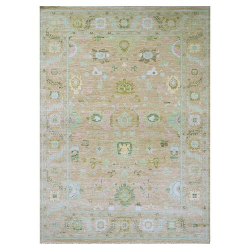 Frosty Pink with Shade Of Green, Pure Wool Vegetable Dyes, Pastel Colors, Hand Knotted Oushak Fabuloso, All Over Design, Oriental Rug
