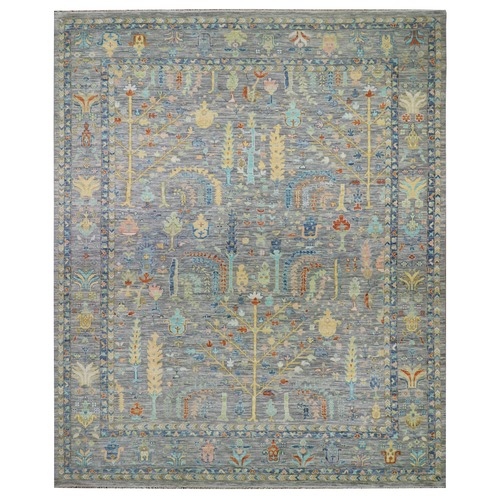 Misty Gray, Soft to the Touch, Colorful Oushak Weave with Willow and Cypress Tree Design, 100% Wool, Vegetable Dyes, Hand Knotted, Oversized, Oriental Rug