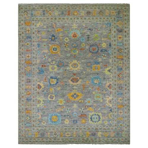 Solid Gray with Patches of Gold and Blue, Colorful Oushak Weave End Design, Hand Knotted, All Over Pattern, Lush Pile, 100% Wool, Oversized, Oriental Rug