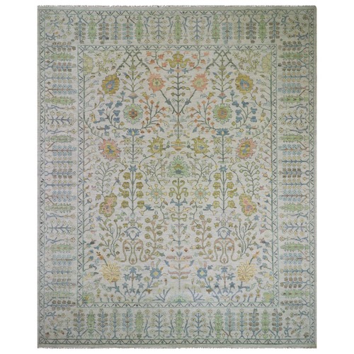 Vivid White, 100% Wool, Vegetable Dyes, Hand Knotted, Colorful Oushak Weave with Tabriz Vase Design, Oversized, Oriental Rug