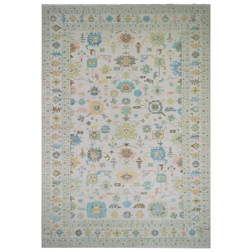 Delicate White, Colorful Oushak Weave End Design, Vegetable Dyes, Hand Knotted, 100% Wool, Pastel Colors, Extra Large, Oriental Rug