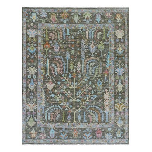 Grayish Brown, Hand Knotted, 100% Wool, Lush Pile, Oushak Weave with Willow and Cypress Tree Design, Oriental Rug