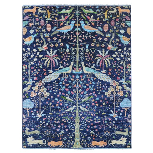 Traditional Royal Blue, Tree of Life Design with Peacock, Animals and Other Birds, Hand Knotted, 100% Wool, Oriental Rug