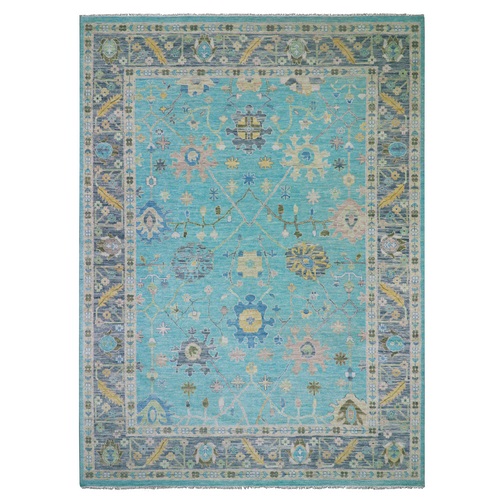 Teal Blue, Oushak Weave and Design with All Over Leaf Pattern, Hand Knotted, Thick and Plush, Pure Wool, Oriental Rug