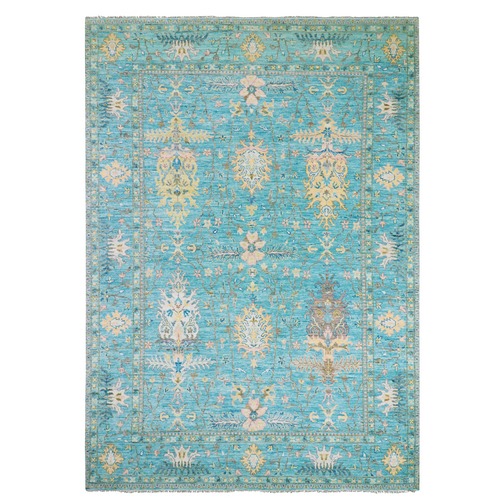 Teal Blue, Natural Wool, Oushak Weave and Design with Geometric Leaf Pattern, Hand Knotted, Lush Pile, Oriental Rug