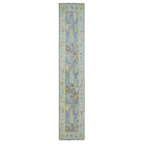 Pewter Gray, Oushak Weave and Design with Colorful Leaf Pattern, 100% Wool, Hand Knotted, Plush and Lush, XL Runner, Oriental Rug