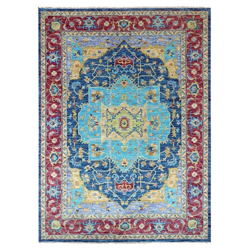 Imperial Blue, Colorful Serapi Heriz Design, Hand Knotted, 100% Wool, Thick and Plush, Oriental Rug