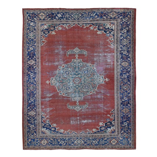 Brick Red, Antique Persian Mahal, Open Field Anchor Medallion Design, Distressed and Worn, Clean with Sides and Ends Professionally Secured, Hand Knotted Pure Wool Oriental 