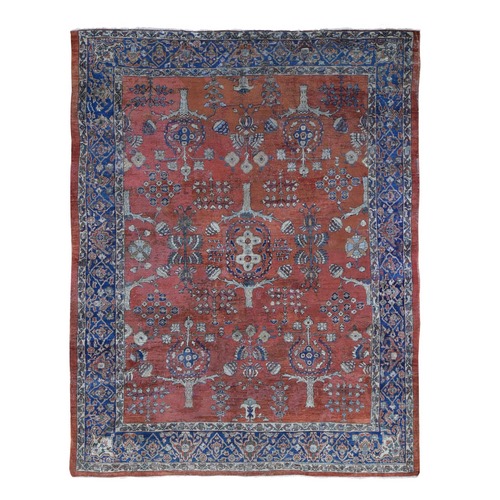 Brick Red, Antique Persian Mahal with Areas of Wear and Restoration, Distressed, Clean, Sides and Ends Professionally Secured, Hand Knotted Pure Wool Oriental 