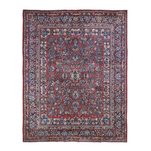 Tomato Red, Antique Persian Sarouk, Full Pile, Mild Condition, Clean, Sides and Ends Professionally Secured Hand Knotted Pure Wool Oriental Rug