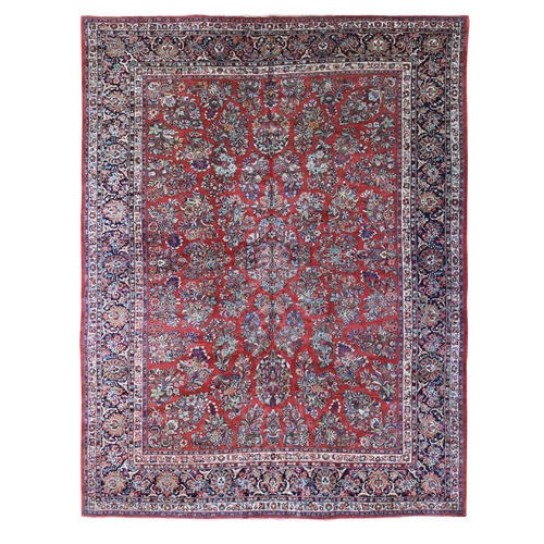 Tomato Red, Antique Persian Sarouk with Flower Bouquet Design, Full Pile Soft and Clean Mint Condition, Hand Knotted 100% Wool Oriental 