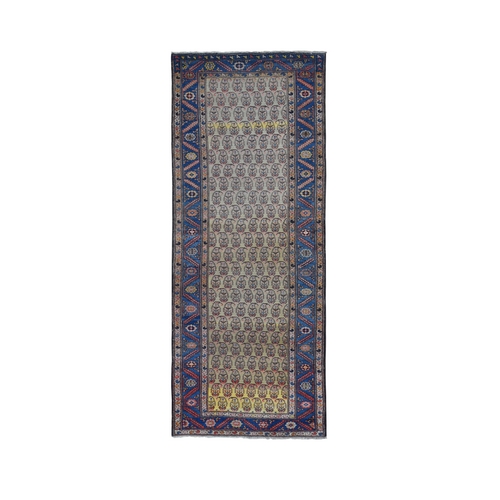 Yellow, Antique Persian Bakshaish Abrash Paisley Design with Serrated Leaf Border, Excellent Condition Pure Wool, Clean Hand Knotted, Wide Runner Oriental 