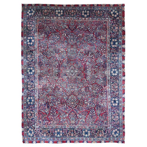 Tomato Red, Antique Persian Sarouk Flower Bouquet All Over Design, Full Pile Soft Mint Condition, Hand Knotted 100% Wool, Oriental Rug