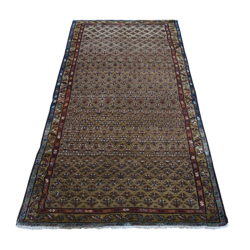 Light Brown, Antique Northwest Persian Camel Hair All Over Small Repetitive Design, Pure Wool, Hand Knotted, Wide Runner Oriental Rug