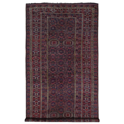 Midnight Blue Antique Afghan Beshir Geometric All Over Design with Multiple Borders, Good Condition, Hand Knotted Pure Wool, Gallery Size Oriental Rug