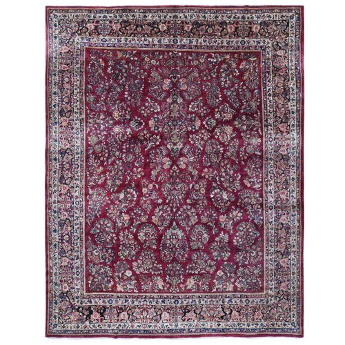 Deep Red, Antique Persian Sarouk with Flower Bouquet Design, Full Pile, Excellent Condition, Soft and Clean, Hand Knotted Pure Wool Oriental Rug