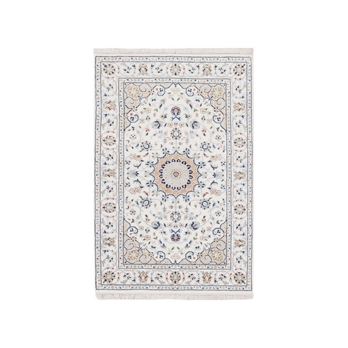 Ivory, Hand Knotted, Wool and Silk, Nain with Center Medallion Design, 250 KPSI, Oriental Rug