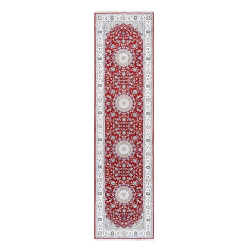 Cherry Red, Nain with Center Medallion Flower Design, 250 KPSI, Pure Wool, Hand Knotted, Runner, Oriental 