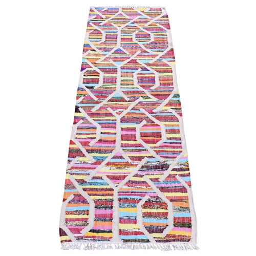 Colorful, Sari Silk, Flat Weave Kilim with Geometric Design, Hand Woven Runner Oriental 