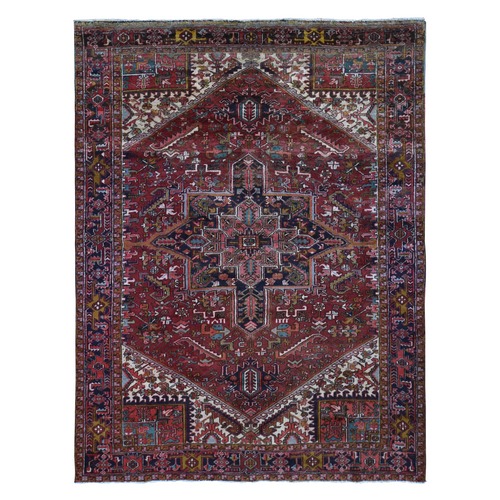 Wine Red, Semi Antique Persian Heriz with Large Medallion Design, Pure Wool, Excellent Condition, Even Wear, Hand Knotted, Oriental 
