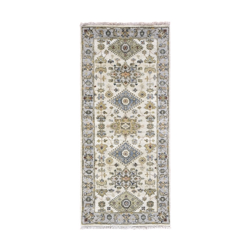 Ivory, Karajeh Design, Soft and Pure Wool, Hand Knotted, Runner Oriental 