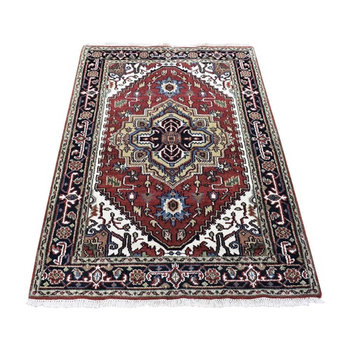 Rich Red, Heriz Revival with Large Medallion Design, Thick and Plush Hand Knotted Pure Wool, Oriental 