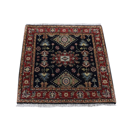 Black, Karajeh Design with Tribal Medallions, Hand Knotted Pure Wool, Square Oriental 