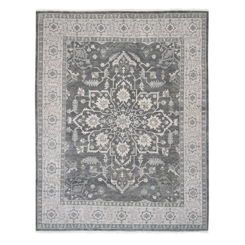 Charcoal Gray, Serapi Heriz with Flower Medallion Design, Hand Knotted, Pure Wool Oriental 