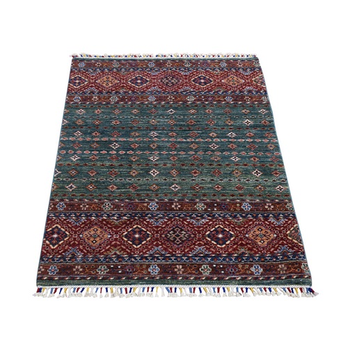 Forest Green Densely Woven Hand Knotted, Afghan Super Kazak with Khorjin Design Soft Wool Natural Dyes, Oriental 