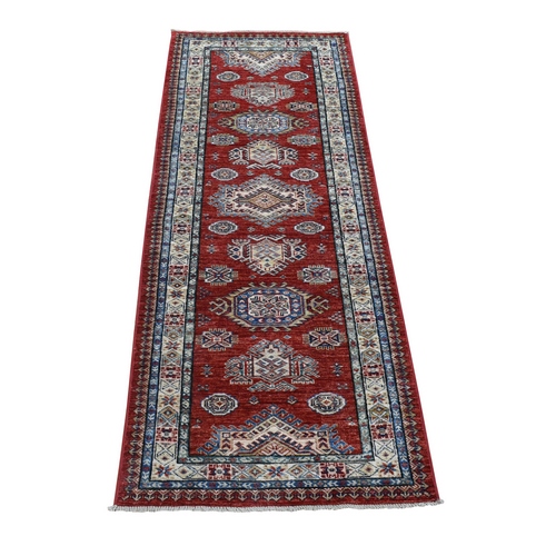 Rich Red, Caucasian Super Kazak with Tribal Medallions Design, Hand Knotted, Soft Wool, Natural Dyes Runner Oriental Rug