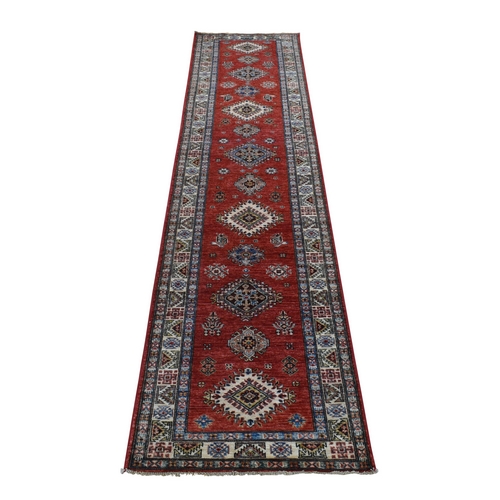 Rich Red, Afghan Super Kazak with Geometric Medallions Design, Hand Knotted, Pure Wool, Natural Dyes Runner Oriental Rug