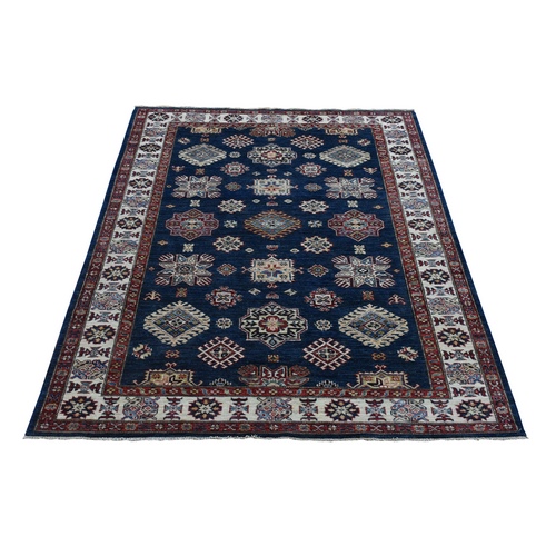 Navy Blue Afghan Super Kazak with Tribal Medallions Design, Hand Knotted, Shiny Wool, Natural Dyes Oriental Rug