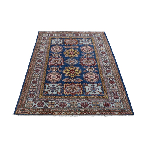 Navy Blue, Afghan Super Kazak with Tribal Medallions Design, Hand Knotted Pure Wool Natural Dyes, Oriental Rug
