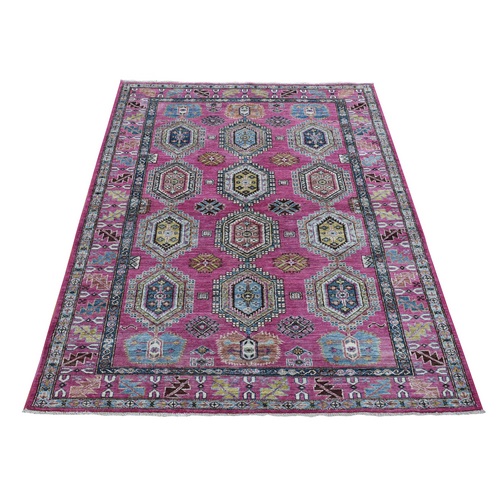 Fuchsia, Afghan Super Kazak with Tribal Medallions Design, Natural Dyes Soft Wool Hand Knotted, Oriental 