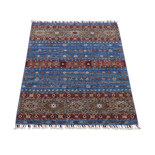 Denim Blue, Afghan Super Kazak with Khorjin Design, Soft Wool Hand Knotted, Oriental Rug