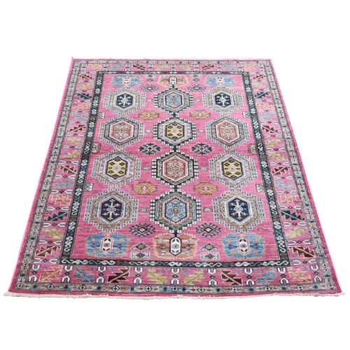 Fuchsia, Afghan Super Kazak with Tribal Medallions, Pure Wool hand Knotted Natural Dyes, Oriental 
