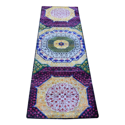 Colorful, Mamluk Design with Bold Colors, Hand Knotted Sari Silk with Textured Wool, Runner Oriental 