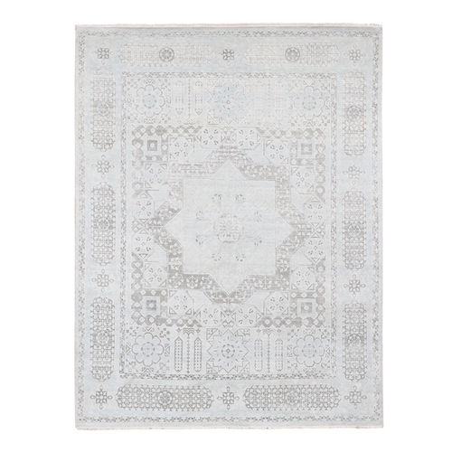 Light Blue, Hand-Knotted, Mamluk Design, Pure Silk with Textured Wool, Oriental 